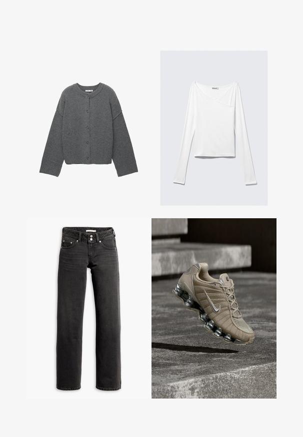 Donkergrijze cardigan met knopen, lange mouwen, geribbelde boorden, zoom en halslijn, plat gelegd tegen een witte achtergrond.; Witte long-sleeve top met een crossover ontwerp en een zak. Gemaakt van een gladde, rekbare stof. Geknipt in een casual, relaxte pasvorm.; Zwarte straight-leg jeans met voor- en achterzakken, riemlussen en dubbele knoopsluiting bij de taille.; Beige Nike hardloopschoen met zilveren accenten en veerachtige zool zwevend boven betonnen trappen bij gedimd licht.