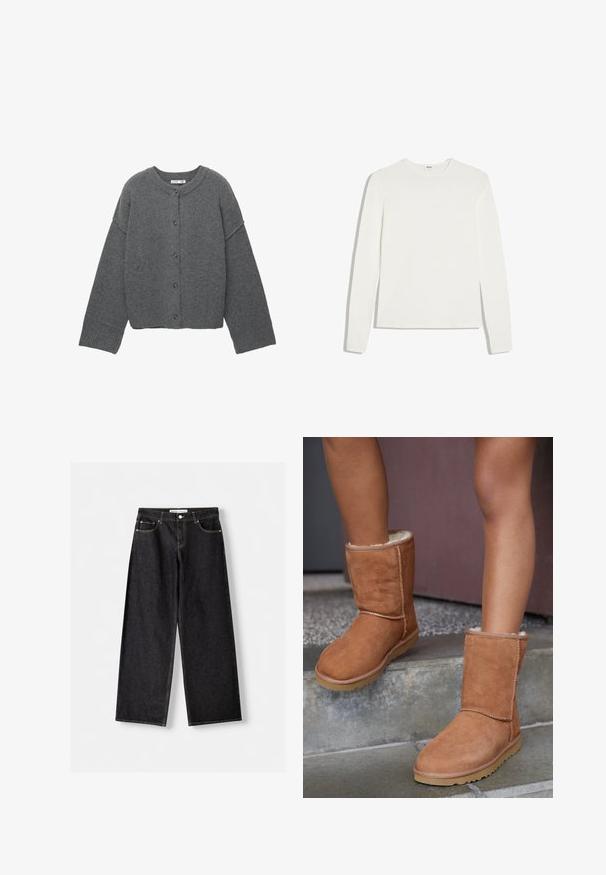 Cardigan boutonné gris foncé à manches longues, avec poignets, ourlet et encolure côtelés, présenté à plat sur un fond blanc.; T-shirt blanc uni à manches longues avec col rond et coupe ajustée, posé à plat sur un fond blanc.; Jean noir à jambes larges avec poches avant et fermeture par bouton argenté, posé à plat sur un fond gris clair.; Bottines en suede marron, à bout rond, avec une doublure douce et une semelle en caoutchouc, présentant des détails de couture visibles le long des coutures.