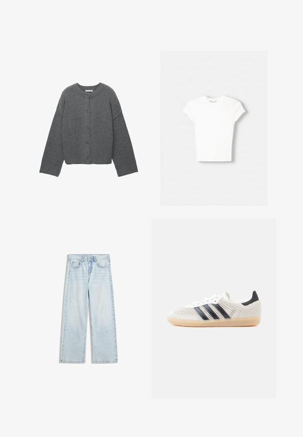 Donkergrijze cardigan met knopen, lange mouwen, geribbelde boorden, zoom en halslijn, plat gelegd tegen een witte achtergrond.; Witte t-shirt met korte mouwen van zachte katoen, met een ronde halslijn en een getailleerde vorm. Geen zichtbare patronen of versieringen.; Lichtblauwe wijde jeans van denim, met een knoopsluiting en decoratieve studs langs de zijnaad.; Witte sneakers van mesh met een zwart ontwerp van drie strepen, een ronde neus en een rubberen gumzool. Voorzien van een zachte hielkraag en een vetersluiting.