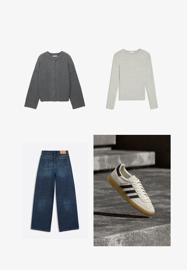 Cardigan boutonné gris foncé à manches longues, avec poignets, ourlet et encolure côtelés, présenté à plat sur un fond blanc.; Chemise gris clair à manches longues avec col rond, coupe ajustée et sans motifs ou logos visibles, posée à plat sur un fond blanc.; Jean denim bleu foncé à jambes larges avec deux poches arrière et une étiquette en cuir marron à la ceinture.; Baskets Adidas Spezial blanches avec des rayures noires et une semelle en gomme flottant au-dessus de marches en pierre grises à l'extérieur.