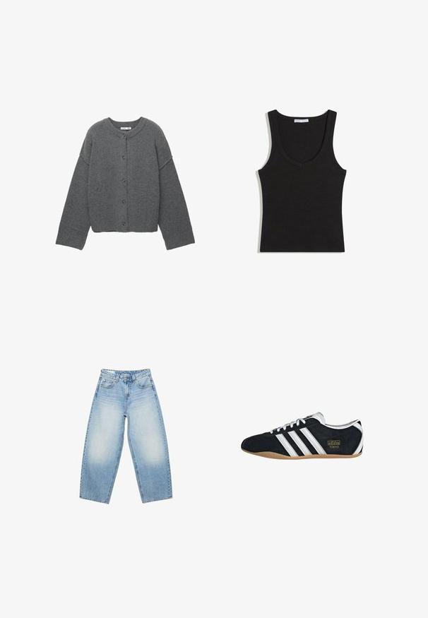 Donkergrijze cardigan met knopen, lange mouwen, geribbelde boorden, zoom en halslijn, plat gelegd tegen een witte achtergrond.; Zwart geribd mouwloos hemdje met een ronde halslijn, plat gelegd op een witte achtergrond.; Lichtblauwe, wijde jeans met hoge taille, voorzakken, riemlussen en vervaagde plekken op de dijen.; Zwarte suède sneaker met witte drie strepen, gouden logo en een bruine rubberen zool. Heeft een laag profiel vetersluiting ontwerp.