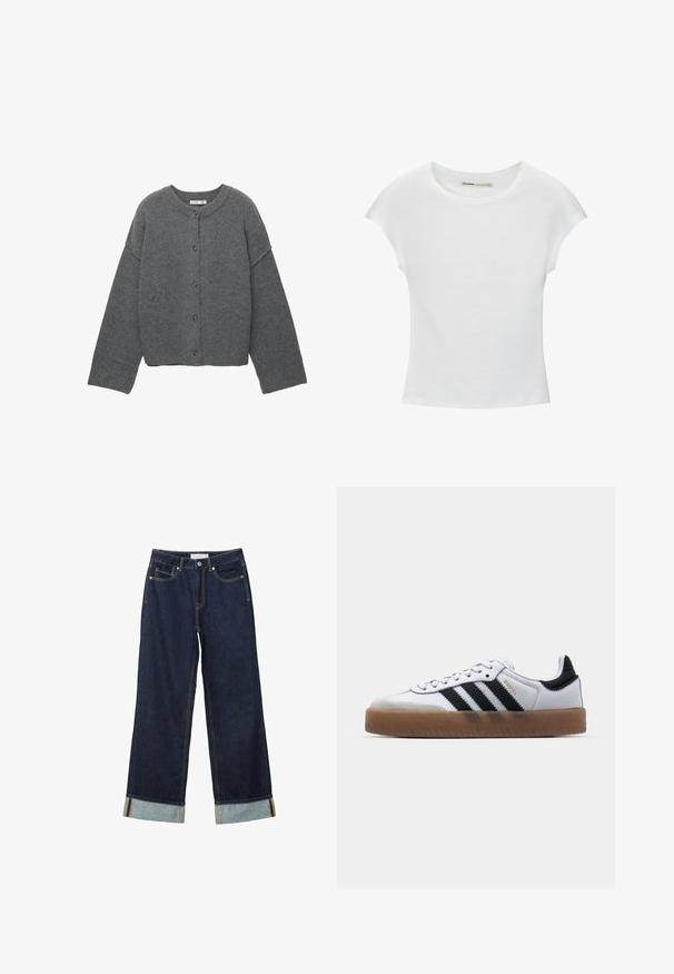 Donkergrijze cardigan met knopen, lange mouwen, geribbelde boorden, zoom en halslijn, plat gelegd tegen een witte achtergrond.; Witte katoenen T-shirt met korte, opgerolde mouwen, een ronde halslijn en een rechte zoom. Gladde textuur zonder zichtbare patronen of accenten.; Donkerblauwe wijde jeans met een hoge taille, voorzien van omgeslagen manchetten, contrasterende stiksels en een vijf-pocket ontwerp. Gemaakt van denim stof.; Witte leren sneakers met zwarte strepen, gumrubberen buitenzool, ronde neus, vetersluiting en een zachte grijze suède neuskap.