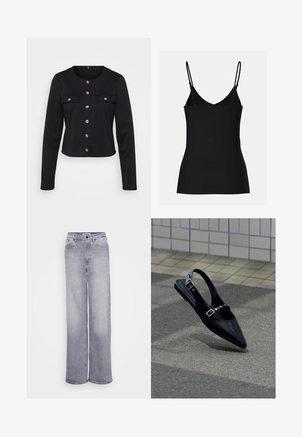 Schwarze, langärmelige, kurze Jacke mit rundem Ausschnitt, Verschluss mit goldenen Knöpfen und zwei Brusttaschen. Weicher Stoff mit glatter Textur.; Schwarzes Camisole-Top mit dünnen, verstellbaren Trägern, V-Ausschnitt-Design, enganliegender Form und nahtloser Textur. Schlichter und minimalistisch Stil.; ONLY Tall ONLJUICY WIDE LEG - Wide Leg - medium grey denim; Schwarzer Slingback-Flachschuh mit spitz zulaufender Spitze und doppelten Schnallenriemen, ruhend auf grauem Asphalt nahe einer gefliesten Wand.