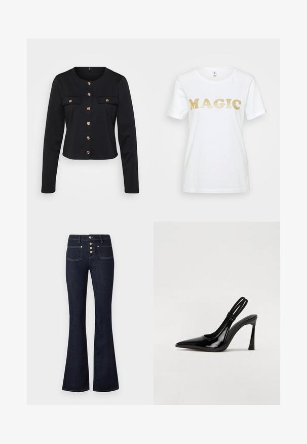 Μαύρο cropped μπουφάν με μακριά μανίκια και στρογγυλή λαιμόκοψη, κλείσιμο με χρυσά κουμπιά και δύο τσέπες στο στήθος. Μαλακό ύφασμα με λεία υφή.; Λευκό βαμβακερό t-shirt με χρυσά γυαλιστερά γράμματα που γράφουν "MAGIC" σε έντονη, στρογγυλή γραμματοσειρά. Κοντά μανίκια και κλασική στρογγυλή λαιμόκοψη.; Σκούρο μπλε τζιν ψηλόμεσο με καμπουραστά πόδια, κλείσιμο με κουμπιά μπροστά, δύο μπροστινές τσέπες και κίτρινη ραφή σε ανοιχτό φόντο.; Μαύρη πατέντα δερμάτινη γόβα slingback με μυτερή μύτη, λεπτό ψηλό τακούνι και διπλή ελαστική ζώνη για ασφαλή εφαρμογή. Λοξό, γυαλιστερό επιφάνειο.