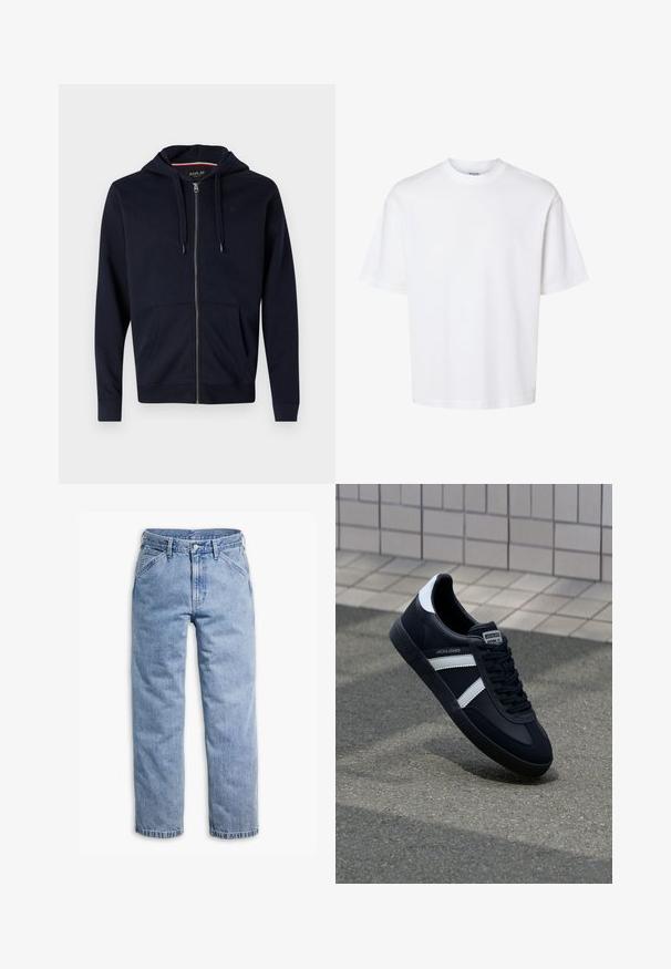 Sweat à capuche zippé marine en mélange de coton, doté d'une capuche avec cordon de serrage, de deux poches avant et de poignets et d'un ourlet côtelés. Petit logo accent sur la poitrine.; T-shirt blanc uni à manches courtes et col rond avec une coupe décontractée, présenté sur un fond uni.; Jean en denim bleu clair à jambes droites avec fermeture avant par boutons et fermeture éclair, passants de ceinture, et poches avant inclinées.; Sneaker en cuir noir avec des rayures blanches, semelle en caoutchouc texturée et devant à lacets. Présente une étiquette de marque sur la languette.