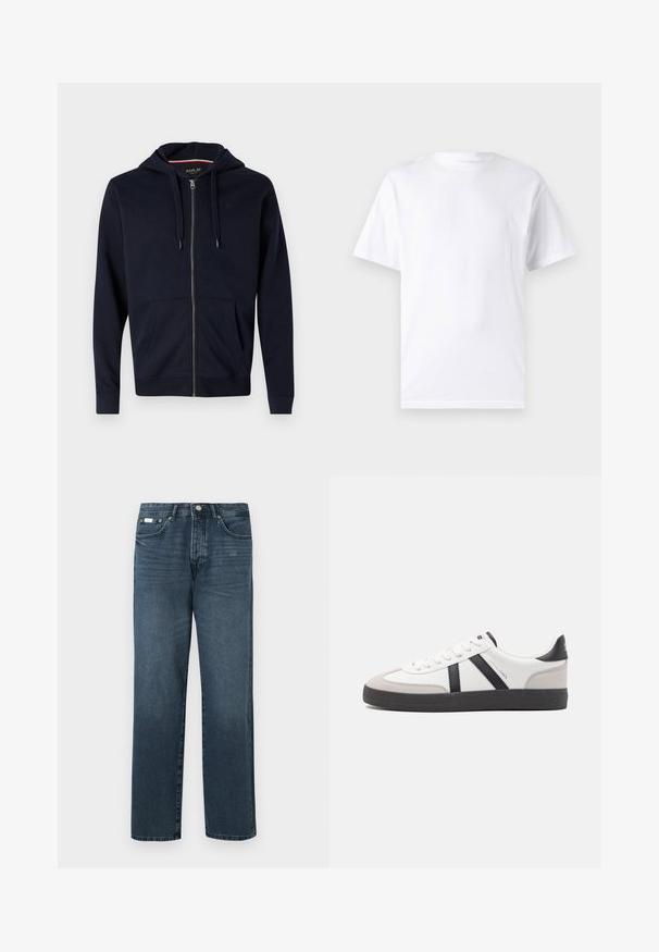 Marineblå lynlås-hættejakke lavet af bomuldsblanding, med justerbar hætte, to frontlommer og ribbet manchetter og bund. Lille logo-accents på brystet.; Hvid kortærmet t-shirt lavet af bomuld med rund hals, der har en glat tekstur og et simpelt design uden mønstre eller accenter.; Mørkeblå denimbukser med lige pasform, fem lommer, bæltestropper og lynlås. Glat tekstur med subtile blegede detaljer.; Hvide sneakers med sorte og grå detaljer, med en tekstureret grå tåhætte, sort gummisål og flade hvide snørebånd. Rent design, minimalistisk stil.