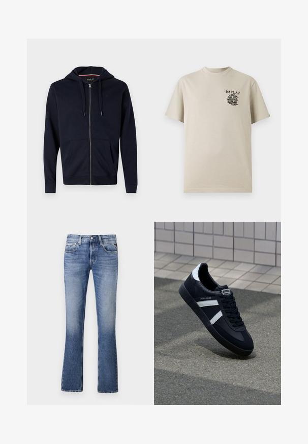 Sudadera con cremallera en color azul marino, fabricada con una mezcla de algodón, que incluye capucha con cordón, dos bolsillos frontales, y puños y dobladillo de canalé. Acento de logotipo pequeño en el pecho.; Camiseta de algodón beige con escote redondo y mangas cortas. La parte frontal presenta un gráfico ilustrado en negro y la palabra "REPLAY".; Vaqueros de mezclilla azul claro con un diseño de pierna acampanada, que cuentan con cinco bolsillos, un cierre delantero de botón y un ligero desgaste en toda la prenda.; Zapatilla de cuero negra con rayas blancas, suela de goma texturizada y parte frontal con cordones. Cuenta con una etiqueta de marca en la lengüeta.