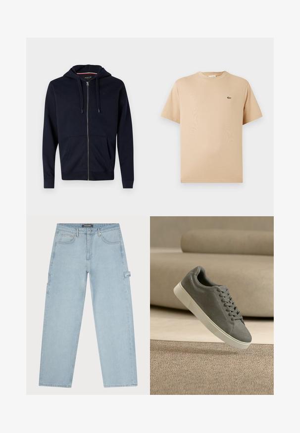 Sudadera con cremallera en color azul marino, fabricada con una mezcla de algodón, que incluye capucha con cordón, dos bolsillos frontales, y puños y dobladillo de canalé. Acento de logotipo pequeño en el pecho.; Camiseta de algodón beige con cuello redondo y mangas cortas; presenta un pequeño logo de cocodrilo verde bordado en el lado izquierdo.; Pegador DAULE BAGGY WORKWEAR - Vaqueros baggy - washed cold blue; Zapatilla gris de ante con suela y cordones blancos flotando sobre una alfombra beige texturizada en una habitación de tonos neutros.