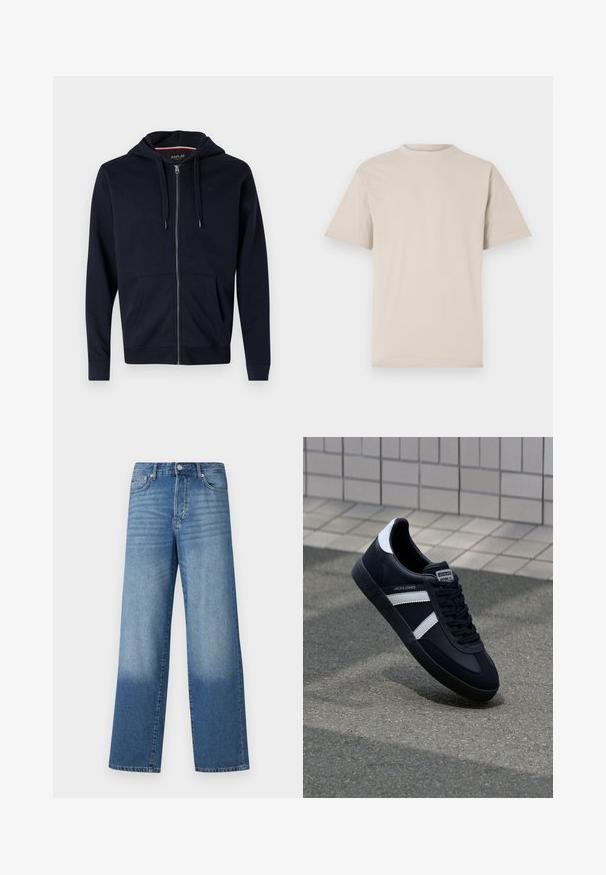 Marineblå lynlås-hættejakke lavet af bomuldsblanding, med justerbar hætte, to frontlommer og ribbet manchetter og bund. Lille logo-accents på brystet.; Beige kortærmet t-shirt med rund hals, lavet af glat bomuldsstof, med en afslappet pasform og uden synlige mønstre eller udsmykninger.; Blå højtaljede strækte jeans med falmede områder på lårerne og mørkere skygger nær kanten, synlig frontknap og lommer.; Sort lædersneaker med hvide striber, tekstureret gummisål og snørrebånd foran. Har et brandet mærke på tungen.