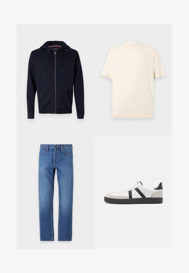 Marineblå lynlås-hættejakke lavet af bomuldsblanding, med justerbar hætte, to frontlommer og ribbet manchetter og bund. Lille logo-accents på brystet.; Enkelt beige t-shirt med korte ærmer og rund hals, vist fladt på en lys grå baggrund.; Blå denim jeans med lige ben, klassisk fem-lomme design, kobbersting og en falmet vask for et slidte look.; Hvide sneakers med sorte og grå detaljer, med en tekstureret grå tåhætte, sort gummisål og flade hvide snørebånd. Rent design, minimalistisk stil.