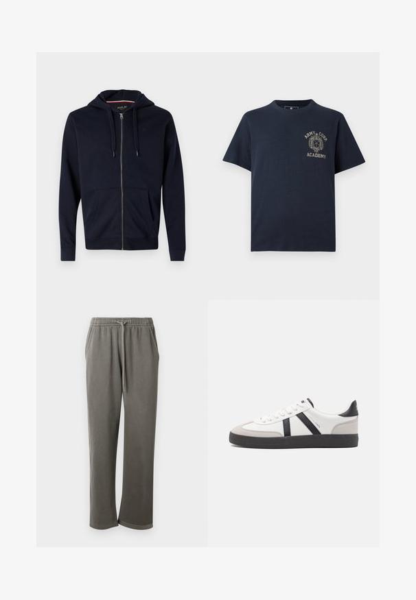 Sudadera con cremallera en color azul marino, fabricada con una mezcla de algodón, que incluye capucha con cordón, dos bolsillos frontales, y puños y dobladillo de canalé. Acento de logotipo pequeño en el pecho.; Camiseta de manga corta azul marino con texto y emblema en beige que dice "Academia de Cuerpo de Ejército" en el lado izquierdo del pecho.; Pantalones de chándal grises de algodón con cintura elástica y cordón, que cuentan con bolsillos laterales y un ajuste relajado a lo largo de las piernas.; Zapatilla blanca con acentos en negro y gris, que presenta una puntera texturizada en gris, suela de goma negra y cordones planos blancos. Diseño limpio, estilo minimalista.