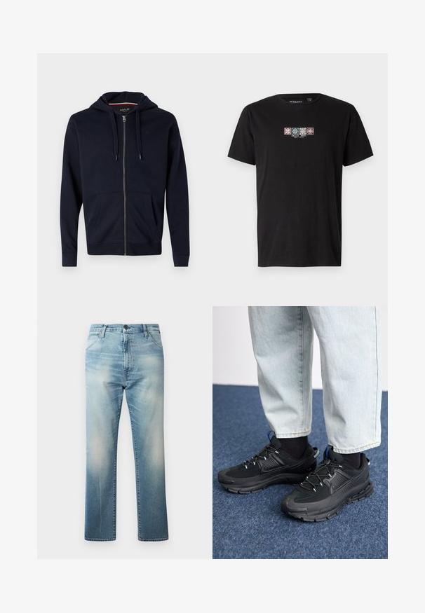 Marine blauwe ritshoodie van een katoenmix, met een trekkoordcapuchon, twee voorzakken en ribgebreide manchetten en zoom. Klein logo accent op de borst.; Zwarte katoenen T-shirt met een voorzijde graphic van vier kleurrijke geometrische patronen met de tekst "BRAVE SOUL EST. 1972" in het midden.; Replay WAINE PANTS - Relaxed fit jeans - light blue; Zwarte sportschoenen met gestructureerde stof en rubberen zolen, met elastische veters en een blauwe accent op de hiel. Draag samen met lichte spijkerbroeken.