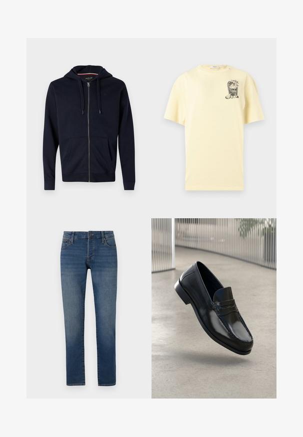 Marine blauwe ritshoodie van een katoenmix, met een trekkoordcapuchon, twee voorzakken en ribgebreide manchetten en zoom. Klein logo accent op de borst.; Lichtgele T-shirt met korte mouwen en een kleine afbeelding van een cocktailglas, schijfjes citroen en de tekst "Replay club 81" op de borst.; Slim-fit blauwe jeans met lichte vervaging op de bovenbenen, vijf-pocket ontwerp, knoopsluiting en rechte pijp op een witte achtergrond.; Zwarte leren loafers met een gladde afwerking, een afgeronde neus, decoratieve stiksels en een licht verhoogde zool.