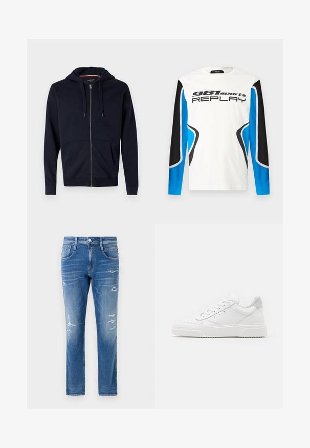 Sudadera con cremallera en color azul marino, fabricada con una mezcla de algodón, que incluye capucha con cordón, dos bolsillos frontales, y puños y dobladillo de canalé. Acento de logotipo pequeño en el pecho.; Camisa deportiva de manga larga con el frente blanco, paneles de mangas en negro y azul, y el logotipo "981 sports REPLAY" impreso en el pecho.; Pantalones vaqueros de mezclilla en un lavado azul claro con un corte regular. Presentan detalles desgastados y un sutil desgaste cerca de los bolsillos y las rodillas.; Zapatillas de cuero blanca con un acabado suave, punta redondeada, cordones planos y una suela texturada. Acento de ante gris en el talón.