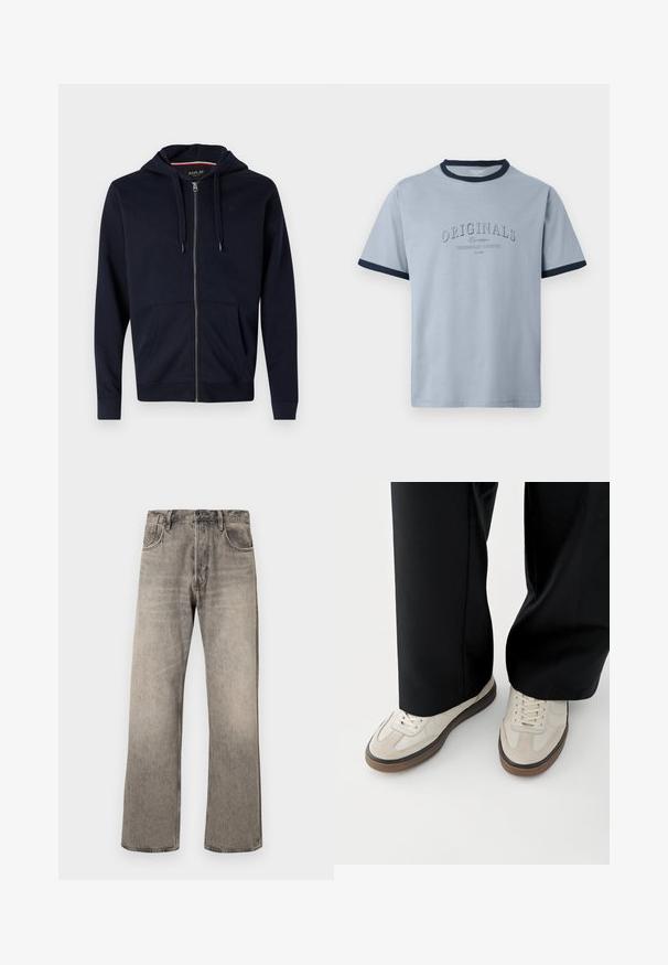 Sweat à capuche zippé marine en mélange de coton, doté d'une capuche avec cordon de serrage, de deux poches avant et de poignets et d'un ourlet côtelés. Petit logo accent sur la poitrine.; T-shirt en coton bleu clair avec col et manches côtelés bleu marine. Présente un texte en relief "ORIGINALS" et "CONTEMPORARY AESTHETICS" dans un design subtil.; Jean large gris clair en denim avec une finition décolorée. Doté d'un design traditionnel à cinq poches et d'une taille à passants de ceinture.; Pieds portant des baskets beige avec des semelles marron et un pantalon noir à jambes larges sur fond blanc.