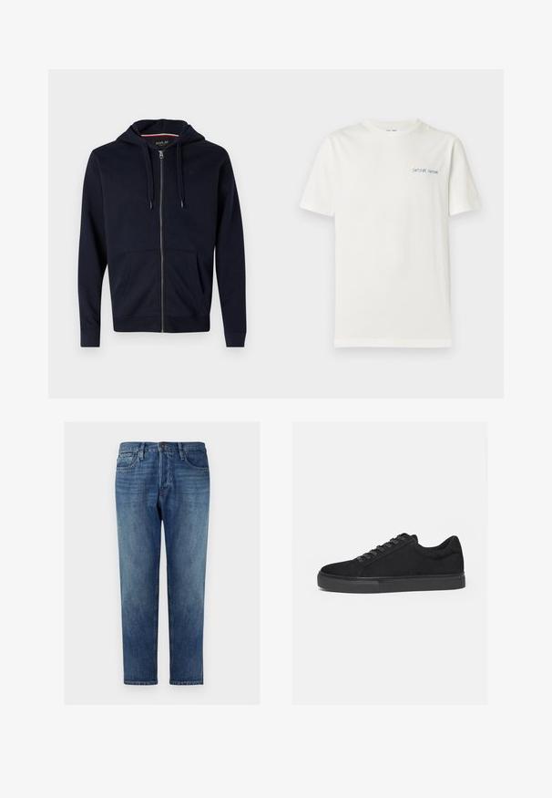 Marineblå lynlås-hættejakke lavet af bomuldsblanding, med justerbar hætte, to frontlommer og ribbet manchetter og bund. Lille logo-accents på brystet.; Hvid kortærmet t-shirt med lille blåt "SAMSØE SAMSØE" tekstlogo på venstre bryst.; Blå denim jeans med lige ben, femlommesdesign, knaplukning, bleg vask og diskrete stikninger langs sømmene.; Sort lavtop sneaker med snørelukning foran og flad gummisål, vist fra siden på en hvid baggrund.