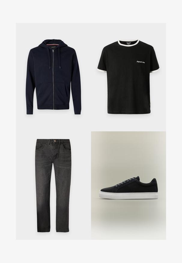 Sweat à capuche zippé marine en mélange de coton, doté d'une capuche avec cordon de serrage, de deux poches avant et de poignets et d'un ourlet côtelés. Petit logo accent sur la poitrine.; Jack & Jones T- - T-shirt basique - black; Jean en denim noir à coupe droite, avec cinq poches et une fermeture à bouton. Le tissu a une texture lisse avec un léger effet délavé.; Baskets basses noires avec semelle en caoutchouc blanche, design à lacets et col rembourré, présentées sur un fond gris neutre.
