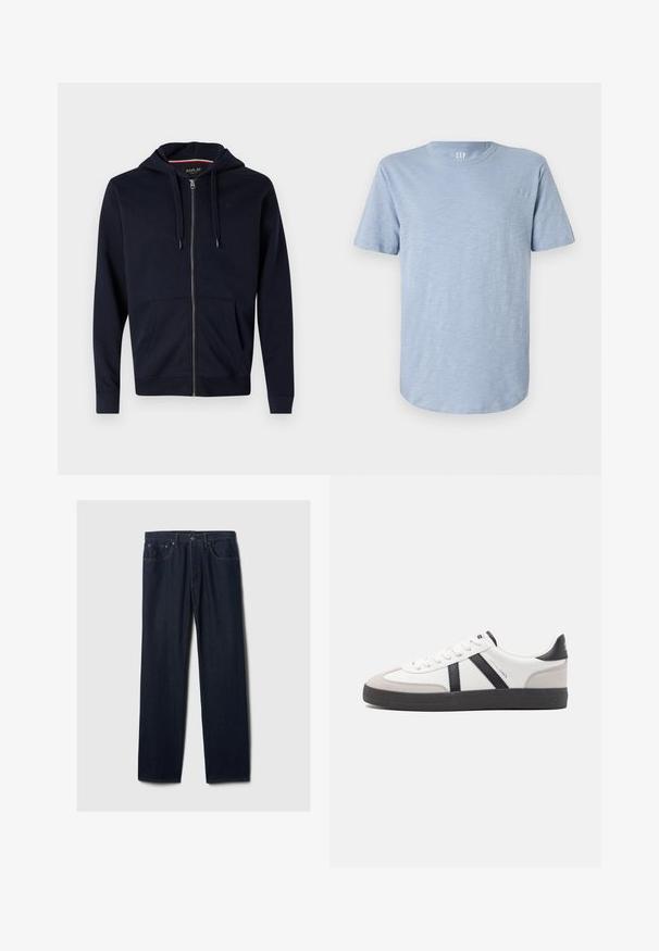 Marine blauwe ritshoodie van een katoenmix, met een trekkoordcapuchon, twee voorzakken en ribgebreide manchetten en zoom. Klein logo accent op de borst.; Lichtblauwe T-shirt met korte mouwen, gemaakt van zachte stof, met een ronde halslijn en een rechte zoom met een subtiele textuur.; Donkerblauwe rechte spijkerbroek met vijf zakken, knoopsluiting en zichtbare stiksels op een effen lichte achtergrond.; Witte sneaker met zwarte en grijze accenten, voorzien van een grijze neus met textuur, zwarte rubberen zool en platte witte veters. Schoon ontwerp, minimalistische stijl.