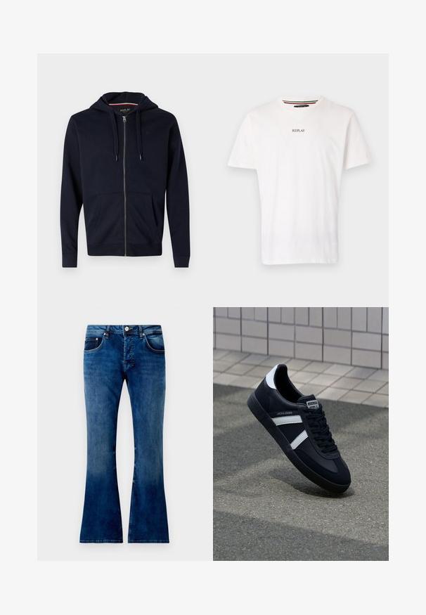 Navy Zip-Hoodie aus Baumwollmischung, mit einer Kapuze mit Kordelzug, zwei Fronttaschen und Rippbündchen an Ärmeln und Saum. Kleines Logo-Detail auf der Brust.; Weißes Baumwoll-T-Shirt mit V-Ausschnitt, kurzen Ärmeln und einem kleinen "REPLAY"-Aufdruck auf der Brust. Glatte Textur, lässige Passform.; Ausgestellte blaue Jeans aus Denim mit mittlerer Waschung, ausgestattet mit fünf Taschen, einem Knopfverschluss und sichtbaren Nähten. Glatte Textur mit leichter Ausbleichung.; Schwarze Leder-Sneaker mit weißen Streifen, strukturiertem Gummisohle und Schnürung. Verfügt über ein Markenetikett auf der Zunge.