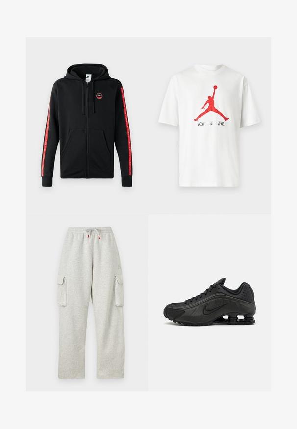 Čierna mikina Nike so zipsom a s kapucňou na šnúrku, predné vrecká a červené pruhy s bielymi logami Nike pozdĺž rukávov.; Biele tričko s krátkym rukávom s červenou siluetou skákajúceho basketbalistu a slovom „AIR“ pod ňou na prednej strane.; Svetlosivé tepláky s elastickým pásom, šnúrkou s červenými koncami a veľkými klopovými vreckami na oboch stehnách.; Čierne bežecké topánky s hladkým syntetickým zvrškom, perforovanými akcentmi, textúrovanými bočnými panelmi a výraznou pružnou podrážkou.