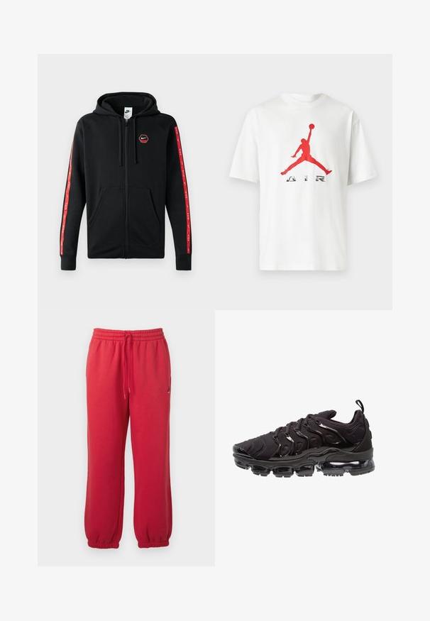 Mustakas Nike'i tõmblukkidega kapuutsiga huppar, millel on nööriga kapuuts, eestaskud ja punased triibud koos valgete Nike'i logodega varrukatel.; Valge lühikeste varrukatega T-särk, millel punane korvpallimängija hüppe siluett ja esiküljel sõna „AIR“ allpool.; Punased elastse vöökohaga dressipüksid, nööriga ja elastsete mansettidega, millel on väike must Jumpmani logo paremal reiel.; Mustad mustreejalanõud, millel on tekstureeritud kangast pealisosa, läikivad aksessuaarid ja silmapaistev õhkpadi. Omab eristuva lainelise disainiga elemente.