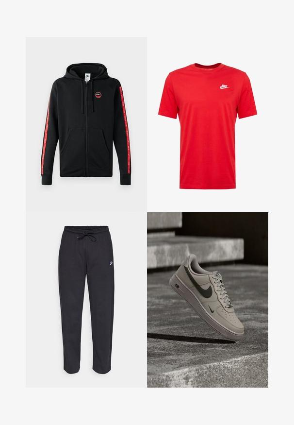 Čierna mikina Nike so zipsom a s kapucňou na šnúrku, predné vrecká a červené pruhy s bielymi logami Nike pozdĺž rukávov.; Červené bavlnené tričko s krátkymi rukávmi a okrúhlym výstrihom, s bielym logom Nike v oblasti ľavého hrudníka. Hladká textúra a ležérny dizajn.; Čierne tepláky vyrobené z mäkkej tkaniny s elastickým pásom, sťahovacou šnúrkou a malým logom Nike na ľavom stehne.; Béžová teniska Nike Air Force 1 s tmavozeleným logom swoosh, vznášajúca sa nad štruktúrovanými betónovými schodmi v tlmenom osvetlení.
