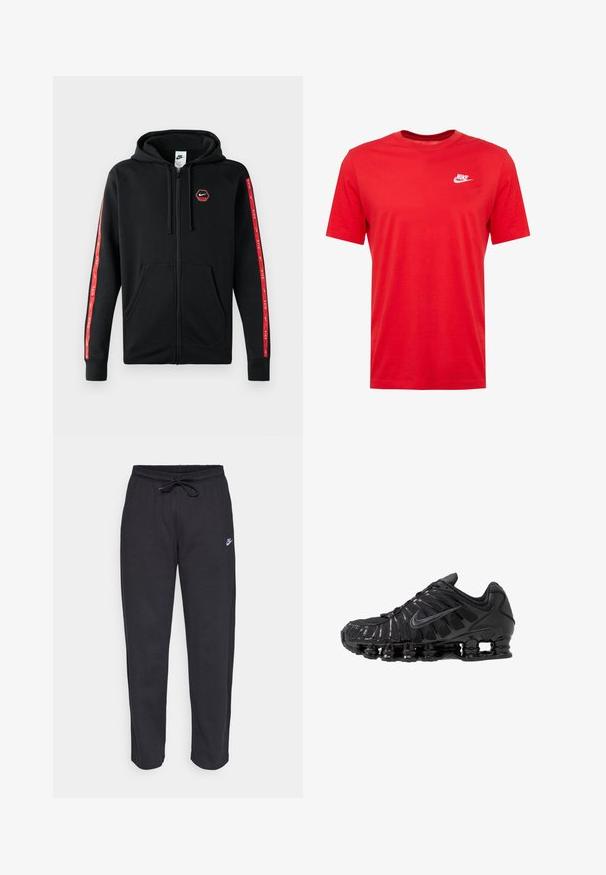 Mustahi Nike zip-up hoodie mweusi wenye kofia inayoingizwa, mifuko ya mbele, na mistari nyekundu yenye nembo za Nike za rangi nyeupe kwenye mikono.; Punainen puuvillainen t-paita, jossa on pyöreä kaula-aukko ja lyhyet hihat, vasemmassa rintataskussa valkoinen Nike-logo. Sileä pinta ja rento muotoilu.; Mustat verkkareita pehmeästä kankaasta, jossa on joustava vyötärö, nyöri ja pieni Nike-logo vasemmassa reidessä.; Mustat urheilukengät, jotka on valmistettu verkkokankaasta ja synteettisistä materiaaleista. Niissä on erottuva aaltoileva kuvio, musta kumipohja ja heijastavia yksityiskohtia.