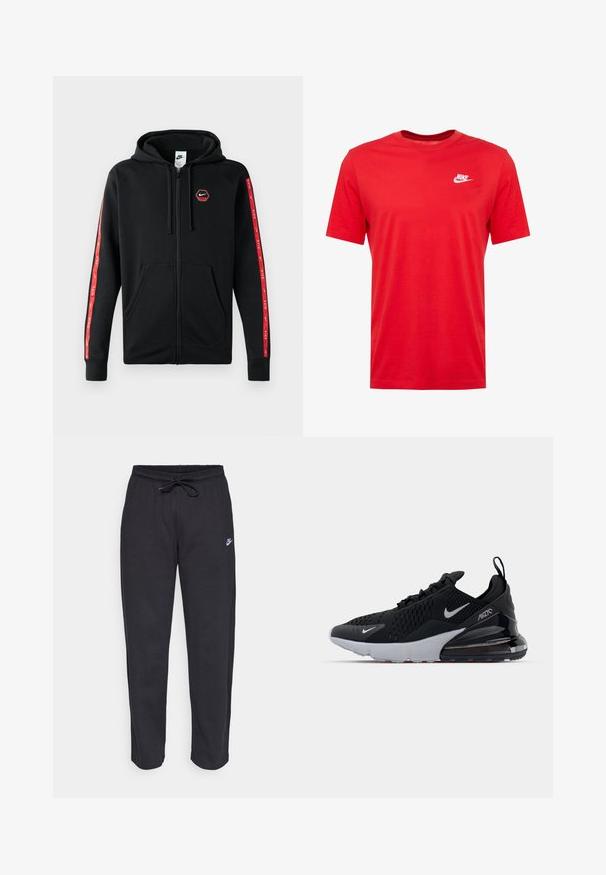 Mustakas Nike'i tõmblukkidega kapuutsiga huppar, millel on nööriga kapuuts, eestaskud ja punased triibud koos valgete Nike'i logodega varrukatel.; Punane puuvillane lühikeste varrukatega T-särk ümmarguse kaelusega, mille vasakul rinnal on valge Nike logo. Sile tekstuur ja juhuslik disain.; Mustad mustad, pehmest kangast, elastse vöökoha, nööriga ja väikese Nike logo'ga vasakul reiel.; Mustan värvi spordijalats, millel on võrgust ülemine osa, valge vaheosa ja nähtav õhkpadja mehhanism kannas. Lihtne ja moodne disain, millel on peened hõbedased aktsendid.