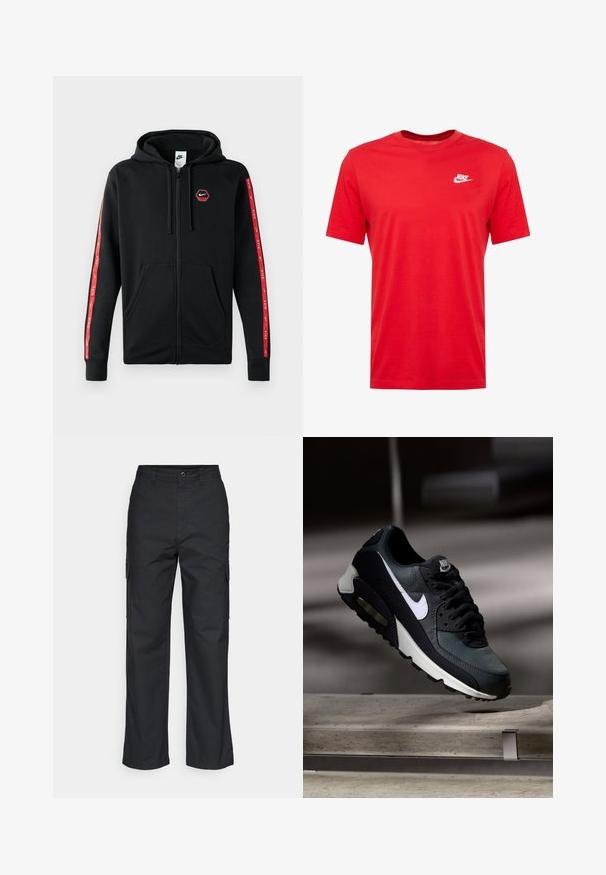 Sudadera con cremallera negra de Nike, con capucha ajustable, bolsillos frontales y rayas rojas con logotipos blancos de Nike a lo largo de las mangas.; Camiseta de algodón roja de cuello redondo con mangas cortas, que presenta un logo de Nike blanco en la parte izquierda del pecho. Textura suave y diseño casual.; Pantalones cargo negros con un diseño de pierna recta, que cuentan con bolsillos laterales y una tela texturizada. Cierre de botón en la cintura para un ajuste seguro.; Zapatilla Nike Air Max negra y gris con el logo blanco, suspendida sobre una superficie de cemento contra un fondo oscuro y desenfocado.