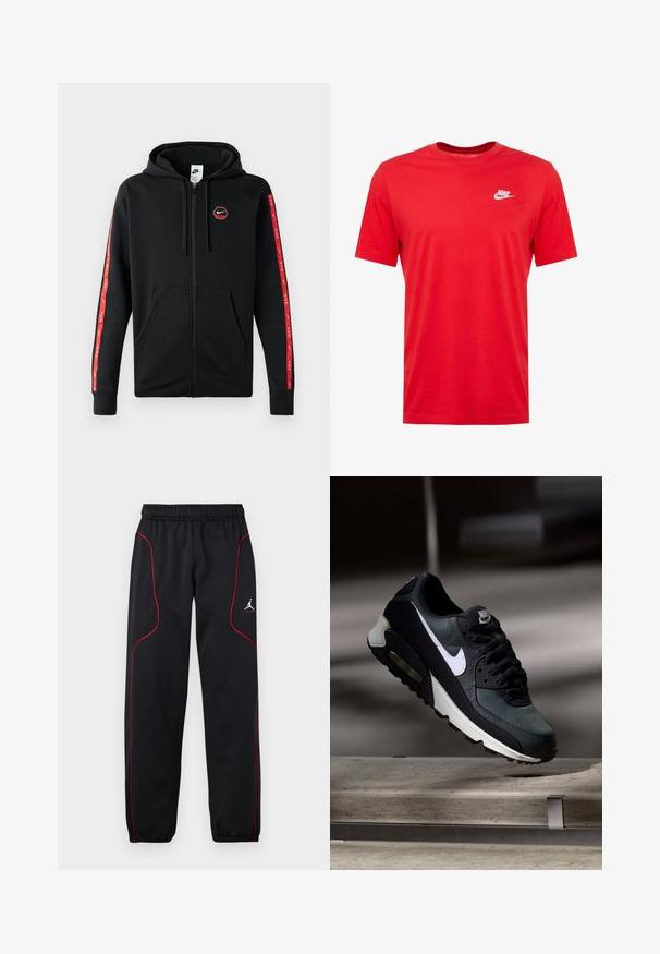 Mustakas Nike'i tõmblukkidega kapuutsiga huppar, millel on nööriga kapuuts, eestaskud ja punased triibud koos valgete Nike'i logodega varrukatel.; Punane puuvillane lühikeste varrukatega T-särk ümmarguse kaelusega, mille vasakul rinnal on valge Nike logo. Sile tekstuur ja juhuslik disain.; Mustad spordipüksid punase ääristusega, elastse vöökoha ja mansettidega ning väike valge Jumpmani logo paremal reiel.; Must ja hall Nike Air Max toss valge triibuga, riputatud betoonpinna kohale, uduse tumeda tausta ees.