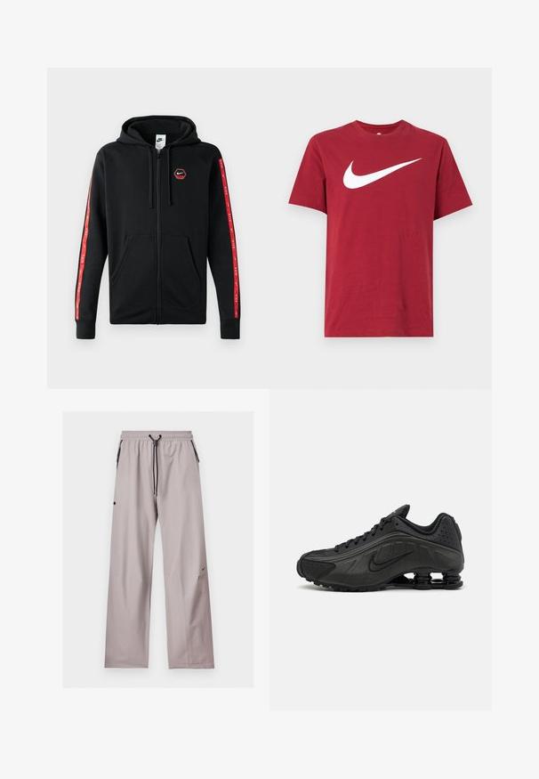 Zwarte Nike zip-up hoodie met trekkoordkap, voorzakken en rode strepen met witte Nike-logo's langs de mouwen.; Rood katoenen T-shirt met korte mouwen en ronde hals. Voorzien van een grote witte Nike-swoosh op de voorkant. Gladde textuur, casual ontwerp.; Lichtgrijze losse broek met elastische tailleband, zwarte verstelbare trekkoord en zijzakken met zwarte ritsdetails.; Zwarte hardloopschoenen met een glad bovenwerk van synthetisch materiaal, geperforeerde accenten, gestructureerde zijpanelen en een opvallende veerkrachtige zool.