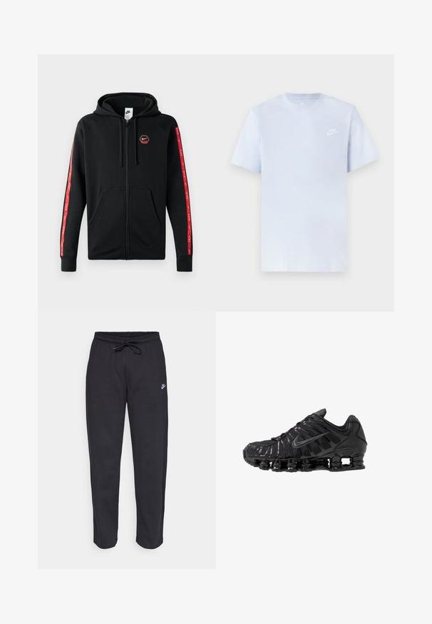 Zwarte Nike zip-up hoodie met trekkoordkap, voorzakken en rode strepen met witte Nike-logo's langs de mouwen.; Lichtblauwe katoenen t-shirt met korte mouwen, ronde hals en een wit Nike-logo gedrukt op de linkerborst. Glad textuur, eenvoudig ontwerp.; Zwarte sweatpants van zacht stof met een elastische tailleband, trekkoord en een klein Nike-logo op de linker bovenbeen.; Zwarte sportschoenen gemaakt van mesh en synthetische materialen, met een opvallend golvend ontwerp, zwarte rubberen zool en reflecterende accenten.