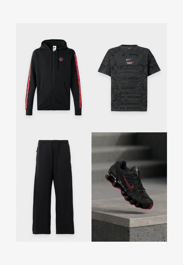 Čierna mikina Nike so zipsom a s kapucňou na šnúrku, predné vrecká a červené pruhy s bielymi logami Nike pozdĺž rukávov.; Čierne tričko s textúrovaným vzorom, s malým logom Nike v svetlomodrej farbe a obdĺžnikovou nášivkou s logom v kontrastných farbách.; Čierne tepláky z jemného materiálu, s nastaviteľným pásom, širokým strihom a bočnými vreckami s hladkým povrchom.; Čierno-červená športová obuv Nike s viditeľnou pružinovou podrážkou, balansujúca na okraji betónového schodu.