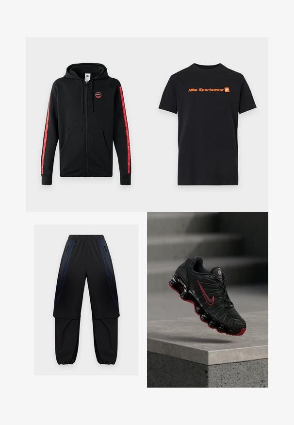 Sudadera con cremallera negra de Nike, con capucha ajustable, bolsillos frontales y rayas rojas con logotipos blancos de Nike a lo largo de las mangas.; Camiseta negra de manga corta con texto naranja "Nike Sportswear" y pequeño logotipo Nike swoosh sobre un fondo cuadrado en el centro del pecho.; Pantalones cargo en negro y azul oscuro con cintura y puños elásticos, con bolsillos laterales con cremallera y paneles de tela superpuestos en los muslos.; Zapatilla deportiva Nike negra y roja con suela visible tipo muelle, equilibrándose en el borde de un escalón de hormigón.