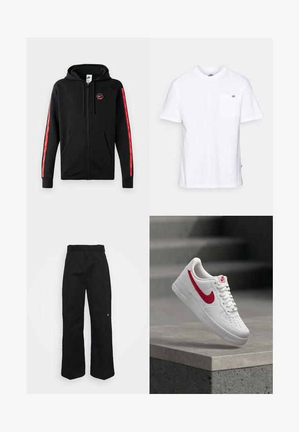 Mustakas Nike'i tõmblukkidega kapuutsiga huppar, millel on nööriga kapuuts, eestaskud ja punased triibud koos valgete Nike'i logodega varrukatel.; Valge puuvillane t-särk ümmarguse kaeluse, lühikeste varrukate ja rindade taskuga, millel on vasakul pool väike brändi logo.; Mustad püksid tugevast kangast, sirge lõikega, vööaasade ja väikese logoga alumises servas.; Valge Nike Air Force 1 toss punase Swoosh-logooga hõljumas betoonist ääre ja treppide kohal taustal.