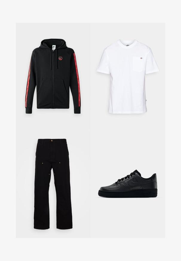 Sudadera con cremallera negra de Nike, con capucha ajustable, bolsillos frontales y rayas rojas con logotipos blancos de Nike a lo largo de las mangas.; Camiseta de algodón blanca con cuello redondo, mangas cortas y un bolsillo en el pecho que presenta un pequeño logotipo de la marca en el lado izquierdo.; Pantalones de mezclilla negros con un diseño de pierna recta, que presentan acentos de hardware dorado y costuras visibles en los bolsillos delantero y trasero.; Zapatilla Nike Air Force 1 negra con parte superior de cuero liso, puntera perforada para transpirabilidad, cordones negros y suela de goma texturizada.