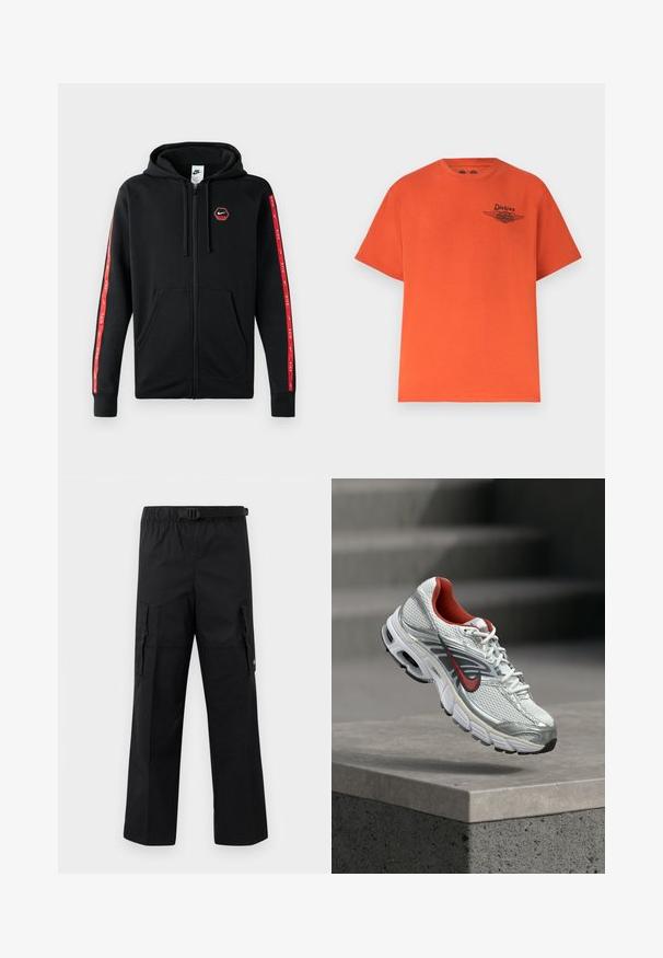 Sort Nike zip-up hoodie med snøre i hætten, frontlommer og røde striber med hvide Nike-logoer langs ærmerne.; Lys orange kortærmet T-shirt med rund hals og lille sort Dickies- og Harley-Davidson-logo på venstre bryst.; Sorte cargo-bukser med bred ben-design, justerbar talje med spænde og to sidelommer til opbevaring. Letvægtsstof.; Hvid og sølv Nike løbesko med røde accenter, der svæver over en betonkant og viser dens side- og såldetaljer.