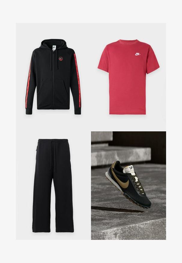 Čierna mikina Nike so zipsom a s kapucňou na šnúrku, predné vrecká a červené pruhy s bielymi logami Nike pozdĺž rukávov.; Červené tričko s krátkym rukávom od Nike s bielym logom na ľavej strane hrude, okrúhlym výstrihom a jednoduchým dizajnom na neutrálnom pozadí.; Čierne tepláky z jemného materiálu, s nastaviteľným pásom, širokým strihom a bočnými vreckami s hladkým povrchom.; Čierno-zlatá bežecká obuv Nike s textúrovaným zvrškom a vzorovanými šnúrkami vznášajúca sa nad drsným betónovým povrchom a schodmi.