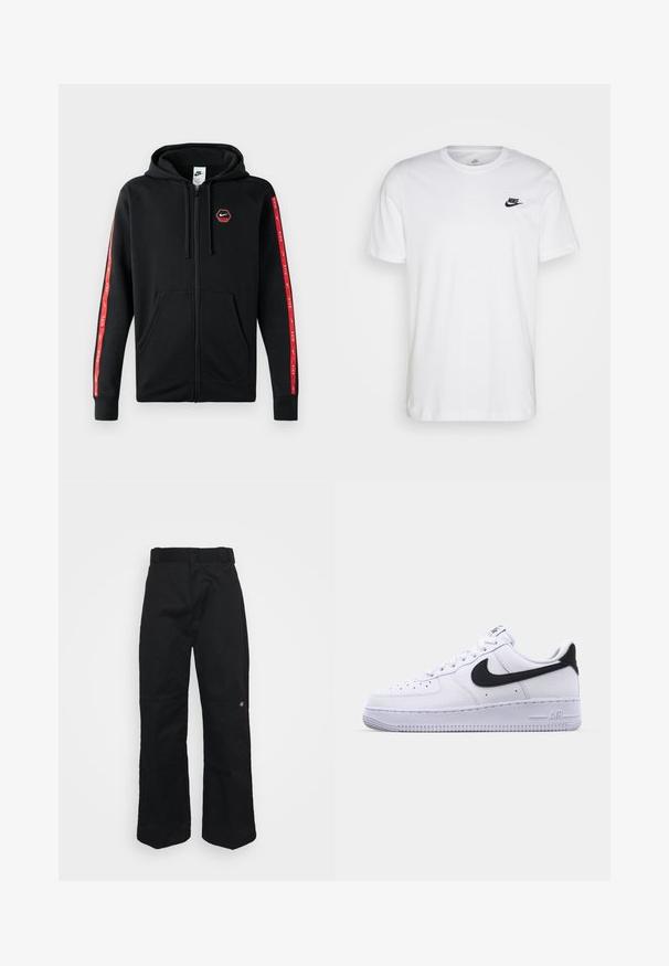 Mustakas Nike'i tõmblukkidega kapuutsiga huppar, millel on nööriga kapuuts, eestaskud ja punased triibud koos valgete Nike'i logodega varrukatel.; Valge puuvillane T-särk, millel on ringkaelus, lühikesed varrukad ja must Nike logo vasakul rinnal. Lihtne, ühtlane värvi disain.; Mustad püksid tugevast kangast, sirge lõikega, vööaasade ja väikese logoga alumises servas.; Valge nahast toss musta tekstuuriga Swooshiga, lamedate nööridega ja kummist tallaga, millel on sooneline muster. "AIR" on reljeefne kandadel.