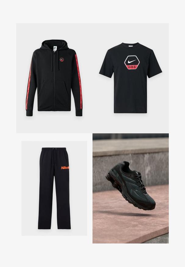 Sudadera con cremallera negra de Nike, con capucha ajustable, bolsillos frontales y rayas rojas con logotipos blancos de Nike a lo largo de las mangas.; Camiseta negra de manga corta con logo en forma de hexágono que presenta un swoosh blanco de Nike y un panel rojo con el texto "NIKE" en el pecho.; Pantalones deportivos negros de pierna recta con cintura elástica y cordón, con el logo naranja de "Nike" en la parte superior del muslo izquierdo.; Zapatilla deportiva negra con entresuela visible con amortiguación de aire que flota sobre una superficie de piedra rosa con un fondo de pared de piedra gris.