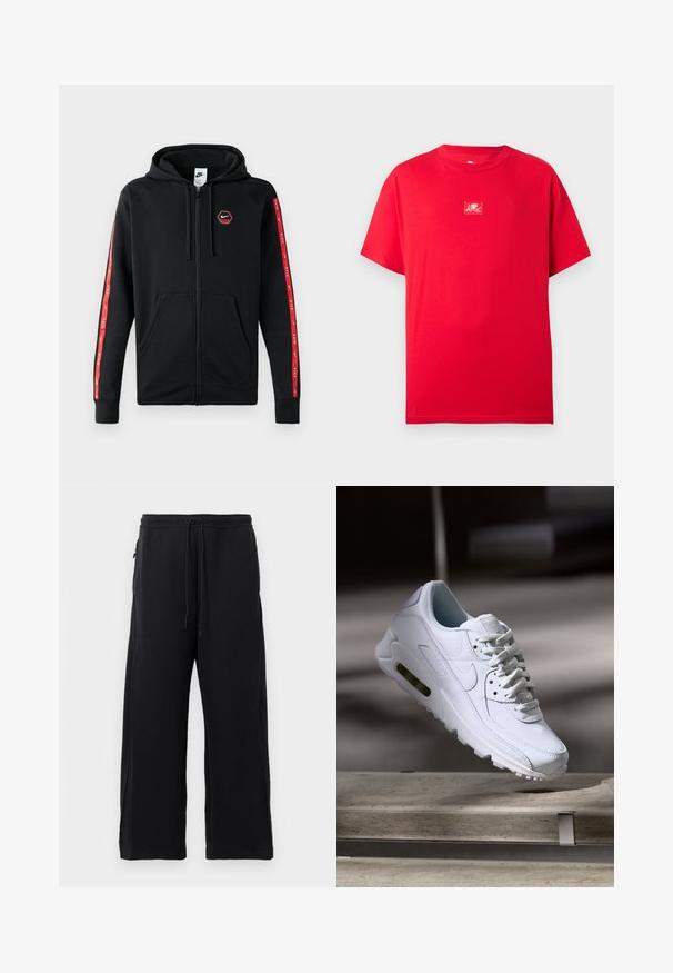 Sort Nike zip-up hoodie med snøre i hætten, frontlommer og røde striber med hvide Nike-logoer langs ærmerne.; Rød t-shirt med korte ærmer og rund hals med en lille hvid grafik af en amor midt på brystet.; Sorte joggingbukser lavet af blødt stof, med snoretræk i livet, bred ben-design og sidelommer med en glat overflade.; Hvide lædersneakers med teksturerede overflader, polstret krave og synlig luftpolstring i sålen. Har snørrebånd og et minimalistisk design.