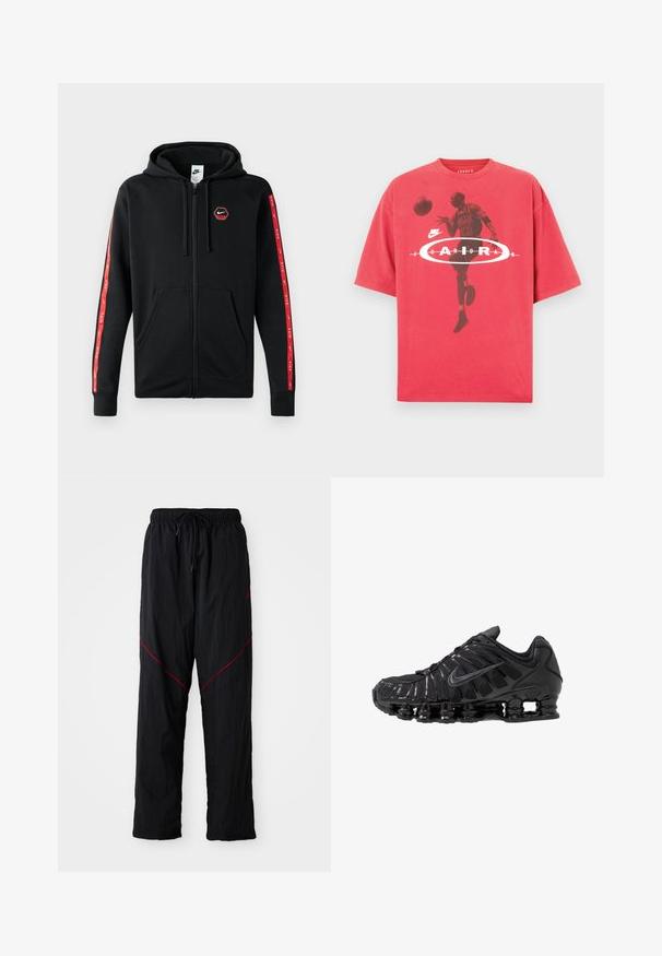 Sudadera con cremallera negra de Nike, con capucha ajustable, bolsillos frontales y rayas rojas con logotipos blancos de Nike a lo largo de las mangas.; Camiseta de algodón roja con cuello redondo, ajuste holgado y un estampado gráfico de un jugador de baloncesto con el texto "Jordan" y el logo de Nike.; Pantalones deportivos negros con un acabado texturizado, con cintura ajustable con cordón, líneas de acento rojas y un corte holgado.; Zapatillas deportivas negras fabricadas con malla y materiales sintéticos, con un diseño ondulado distintivo, suela de goma negra y detalles reflectantes.