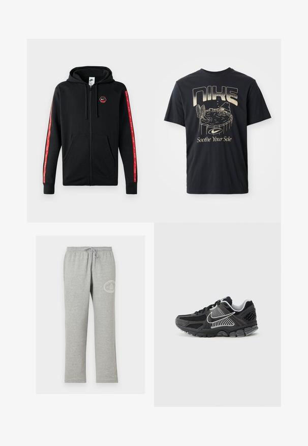 Čierna mikina Nike so zipsom a s kapucňou na šnúrku, predné vrecká a červené pruhy s bielymi logami Nike pozdĺž rukávov.; Čierne bavlnené tričko s grafickým potlačou postavy vo vírivke, s nápismi "NIKE" a "Soothe Your Sole" v svetlo zlatom písmene.; Sivé tepláky s elastickým pásom a šnúrkou, s malým bielym kruhovým logom na hornej ľavej stehne.; Čierna športová obuv s panelmi z sieťoviny a syntetickými detailmi. Má zaoblenú špičku, hrubú odpruženú podrážku a kontrastné biele logo.