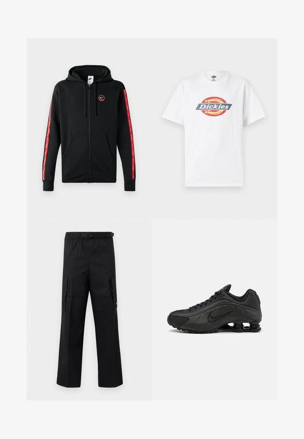 Čierna mikina Nike so zipsom a s kapucňou na šnúrku, predné vrecká a červené pruhy s bielymi logami Nike pozdĺž rukávov.; Biele bavlnené tričko s farebným kruhovým logom a slovom "Dickies" tučným písmom. Krátke rukávy, okrúhly výstrih a hladký materiál.; Čierne cargo nohavice s širokým strihom, nastaviteľným pásom s prackou a dvoma bočnými vreckami na úložný priestor. Ľahký materiál.; Čierne bežecké topánky s hladkým syntetickým zvrškom, perforovanými akcentmi, textúrovanými bočnými panelmi a výraznou pružnou podrážkou.