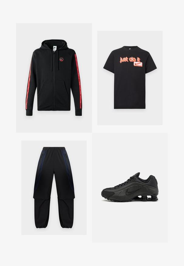Mustakas Nike'i tõmblukkidega kapuutsiga huppar, millel on nööriga kapuuts, eestaskud ja punased triibud koos valgete Nike'i logodega varrukatel.; Must lühikese varrukaga Nike T-särk oranži grafitistiilis "Just do it" tekstiga ja Nike swoosh logoga esiküljel.; Mustad ja tumesinised tööpüksid elastse vöökoha ja mansettidega, millel on lukuga küljetaskud ja reitel kihilised kangasdetailid.; Mustad mustat jooksujalad, millel on sile sünteetiline ülemus, perforatsioonid, tekstureeritud külgpaneelid ja eristuv elastne tall.