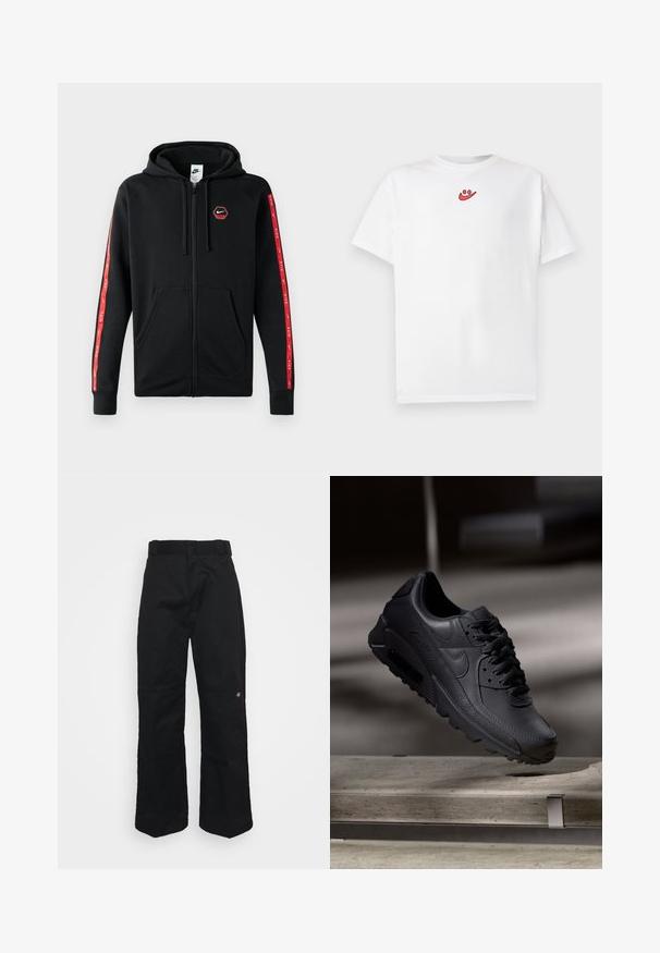 Čierna mikina Nike so zipsom a s kapucňou na šnúrku, predné vrecká a červené pruhy s bielymi logami Nike pozdĺž rukávov.; Biele tričko s krátkym rukávom s malým červeným usmievavým logom umiestneným v strede blízko výstrihu vpredu.; Čierne nohavice z odolnej látky, s rovnými nohavicami, opaskovými závesmi a malým logom na dolnej strane.; Čierne tenisky Nike Air Max s textúrovaným koženým zvrškom, gumovou podrážkou a výrazným šnurovacím systémom, ktoré predvádzajú štýlový, moderný dizajn.