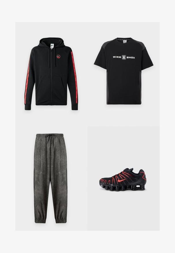 Zwarte Nike zip-up hoodie met trekkoordkap, voorzakken en rode strepen met witte Nike-logo's langs de mouwen.; Zwart Nike Shox T-shirt met korte mouwen, met een reflecterend logo aan de voorkant en contrasterende grijze zijpanelen. Soepele textuur.; Donkergrijze gestructureerde joggingbroek met elastische tailleband en zwart trekkoord, elastische boorden en een relaxte pasvorm.; Zwarte sportschoenen met rode accenten, voorzien van een gestructureerde mesh bovenkant, een uniek golvend ontwerp en een gevormde, gedempte zool.