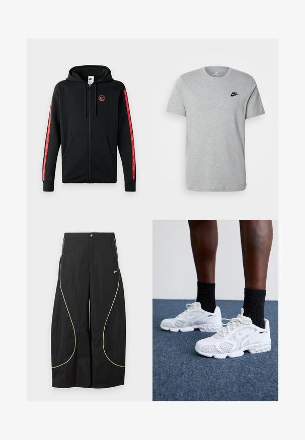 Sudadera con cremallera negra de Nike, con capucha ajustable, bolsillos frontales y rayas rojas con logotipos blancos de Nike a lo largo de las mangas.; Camiseta de manga corta gris de algodón, con un logo negro de Nike en el pecho y un cuello redondo. Diseño minimalista sin patrones.; Pantalones anchos negros de Nike con ribete curvado en verde neón y pequeño logo de swoosh de Nike en el muslo derecho, cierre de botón y cremallera en la cintura.; Zapatillas deportivas blancas con parte superior de malla, acentos texturizados y suela acolchada. Combinadas con calcetines cortos de canalé negros sobre una superficie de moqueta azul.