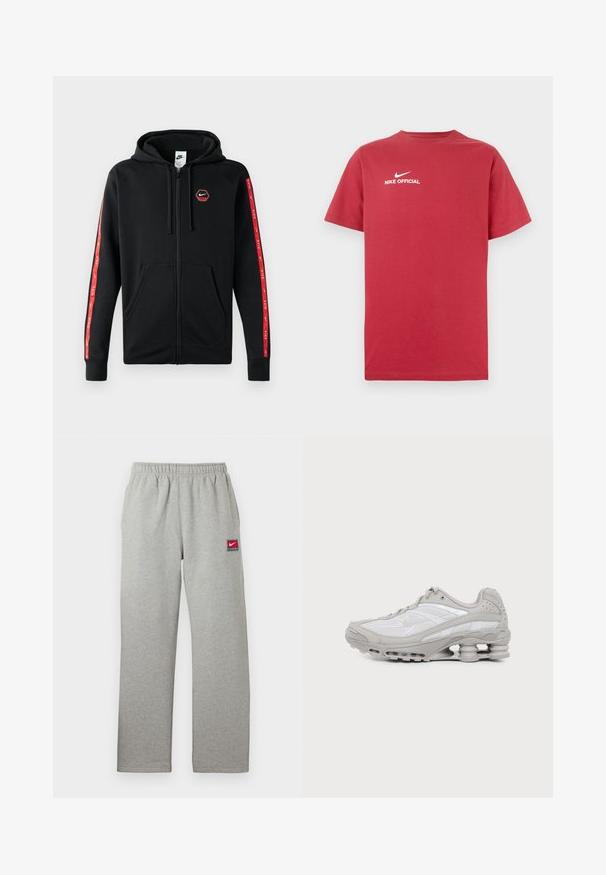 Zwarte Nike zip-up hoodie met trekkoordkap, voorzakken en rode strepen met witte Nike-logo's langs de mouwen.; Rood katoenen T-shirt met een ronde hals, voorzien van een wit Nike-logo en de tekst "NIKE OFFICIAL" centraal op de borst. Korte mouwen.; Grijze joggingbroek met een elastische tailleband, rechte snit en een klein rood-wit Nike-logo op de linkerkant. Zachte textuur.; Grijze en witte sportschoen met zichtbare luchtkussenzool en meshpanelen, in profiel weergegeven op een eenvoudige lichte achtergrond.