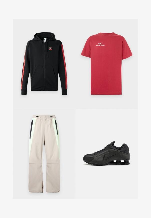 Sort Nike zip-up hoodie med snøre i hætten, frontlommer og røde striber med hvide Nike-logoer langs ærmerne.; Rød bomulds t-shirt med rund hals, der har en hvid Nike-logo og teksten "NIKE OFFICIAL" centreret på brystet. Korte ærmer.; Beige bukser med lysegrønne sidepaneler, sorte lår-lommer med lynlås og elastisk talje med sorte snore.; Sorte løbesko med en glat syntetisk overdel, perforerede detaljer, teksturerede sidedele og en distinkt fjedrende sål.